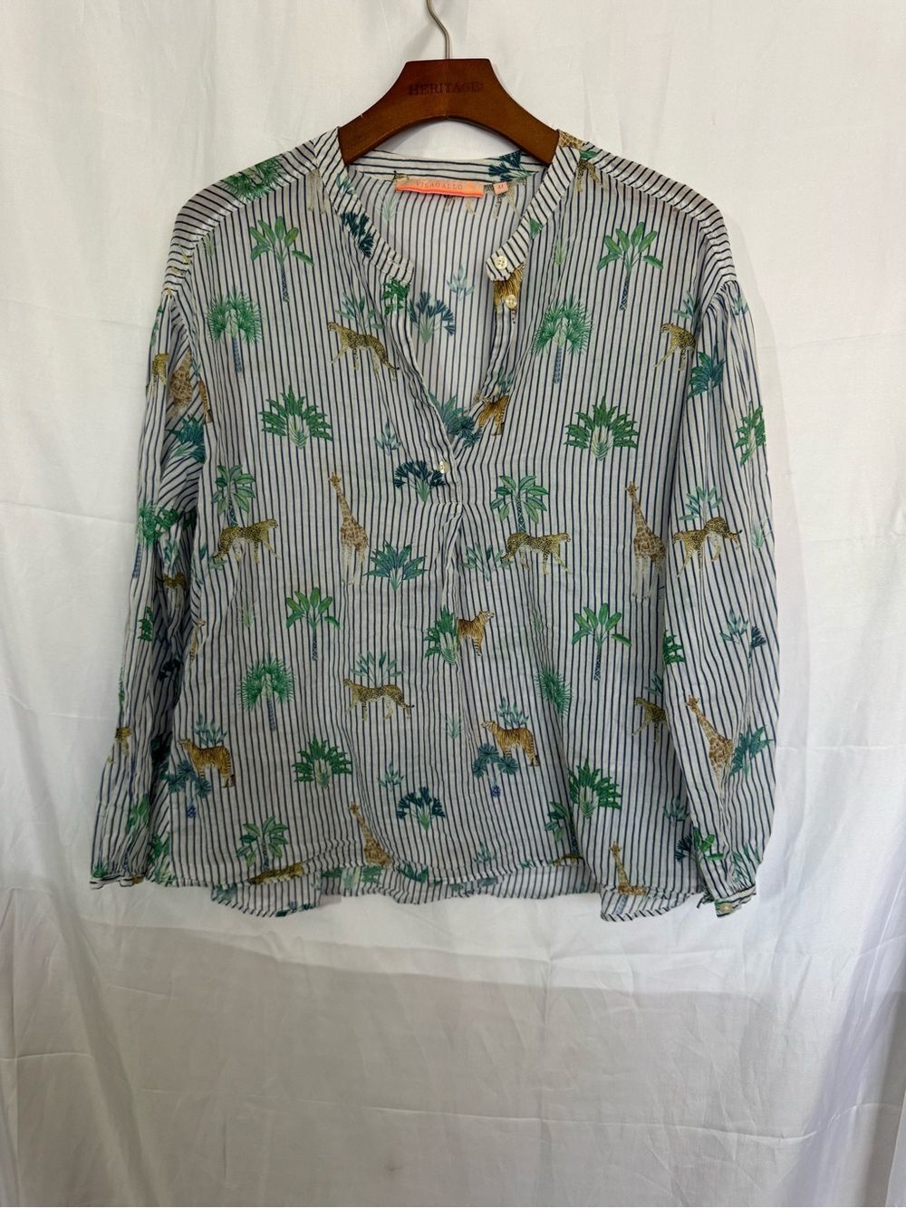 Vilagallo Striped Button-Down Shirt with Green Palm & Gold Giraffe Print Size 44
